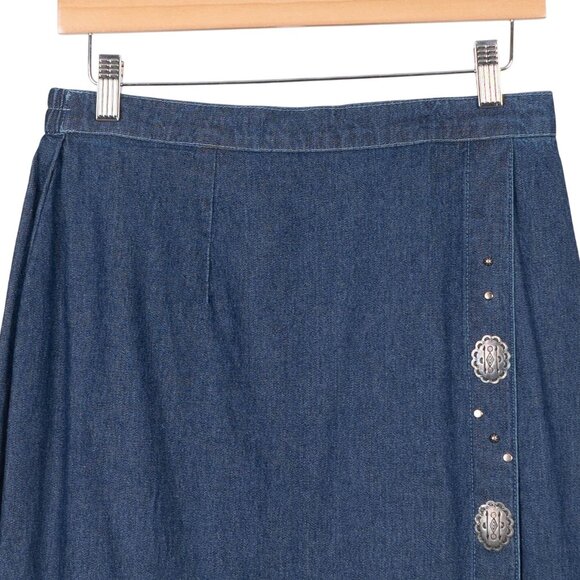River Ridge VTG Denim Maxi Skirt 10 Womens Western Silver Button Elastic Waist - Picture 2 of 6